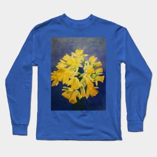 Daffodils watercolour painting with a deep purple blue background. Long Sleeve T-Shirt